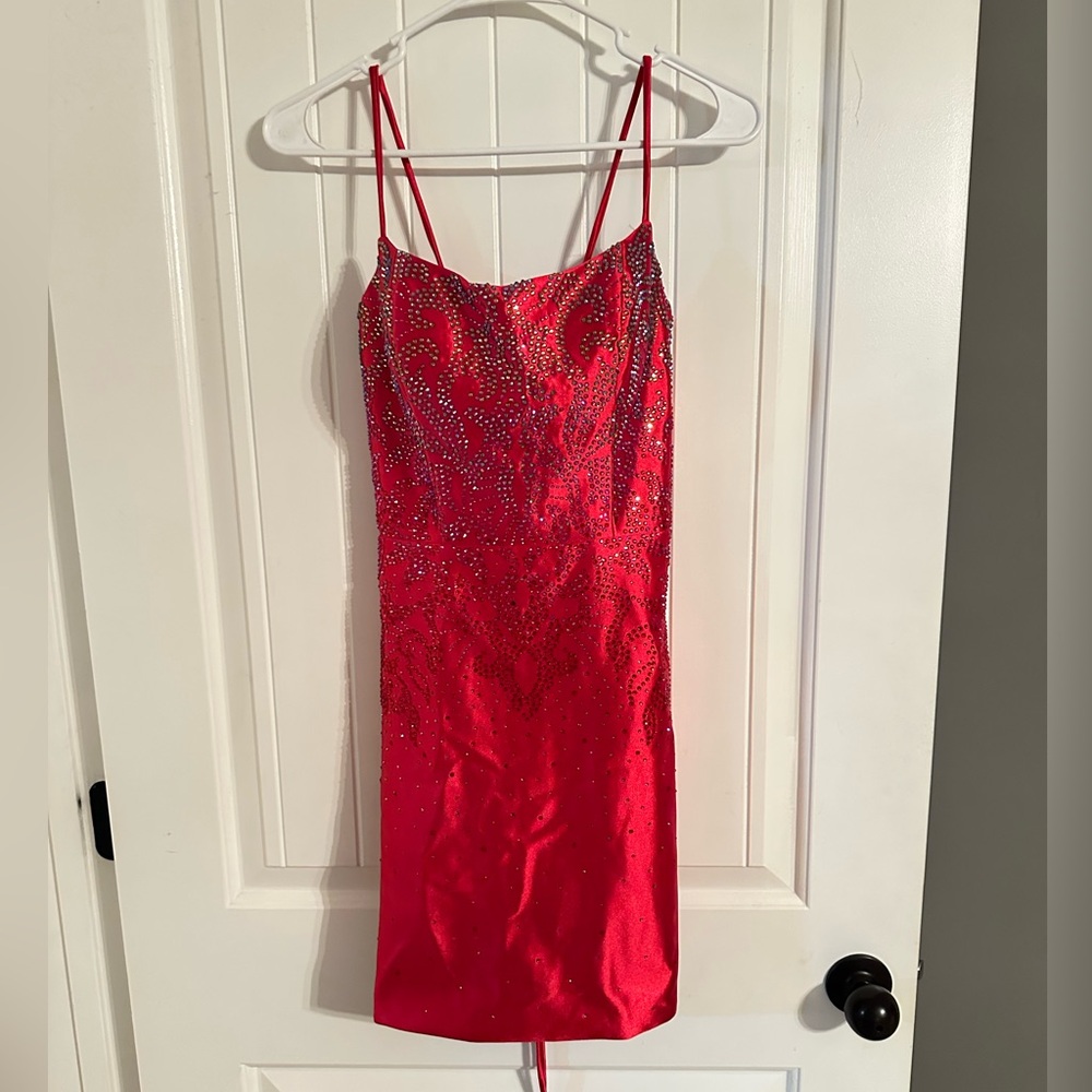 Women’s SO Young Red Midi Rhinestone Dress Evening Party Homecoming Corset Back